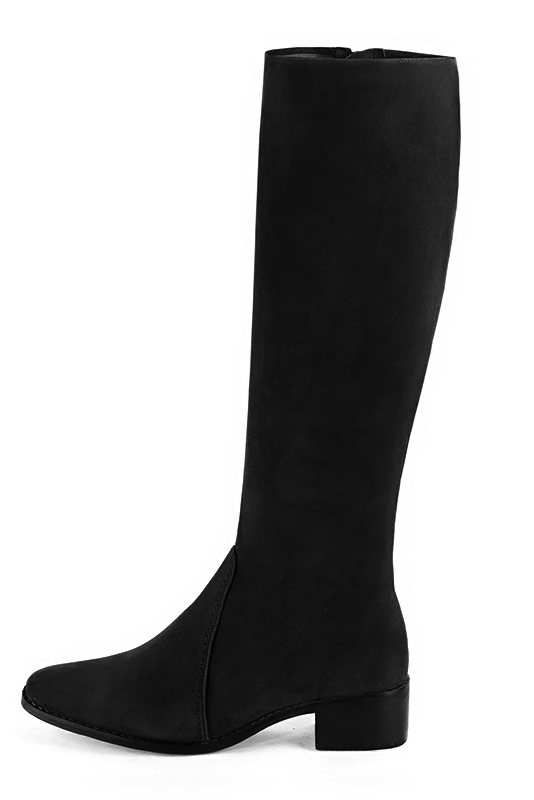 Matt black women's riding knee-high boots. Round toe. Low leather soles. Made to measure. Profile view - Florence KOOIJMAN